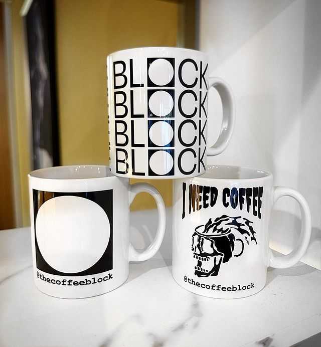 Coffee Block branded mugs